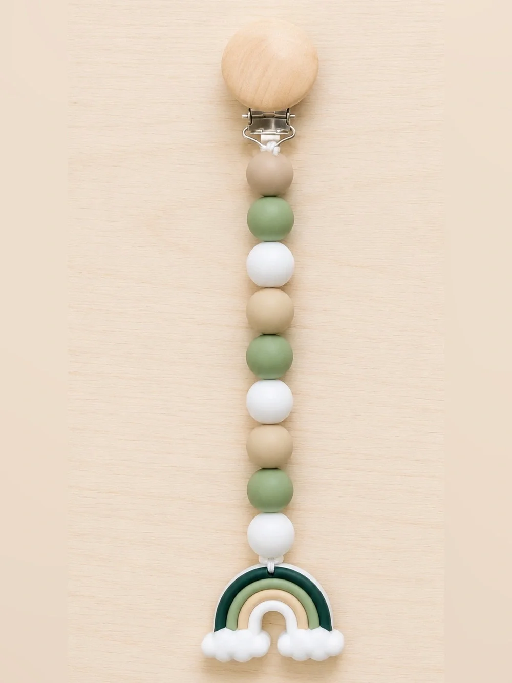 Neutral Green & White Silicone Bead Pacifier Clip with Rainbow Charm
